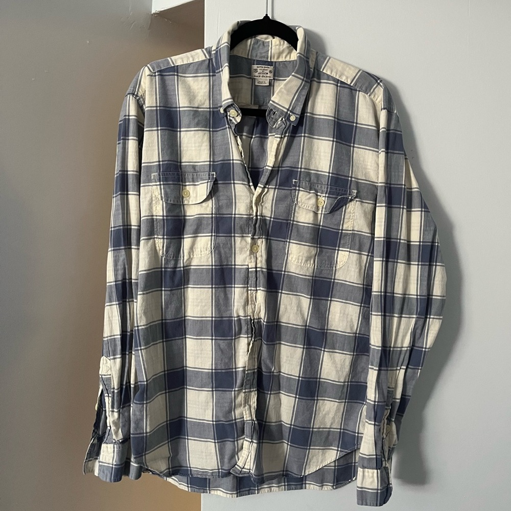 J.Crew Men's Blue and White Plaid Shirt XL